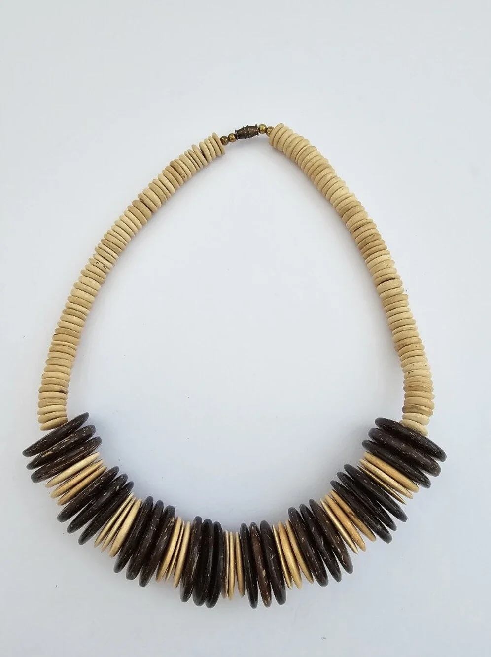 Vintage Coconut Shell Disc Bead Necklace 18” Two-Tone Boho Chunky Heishi​
